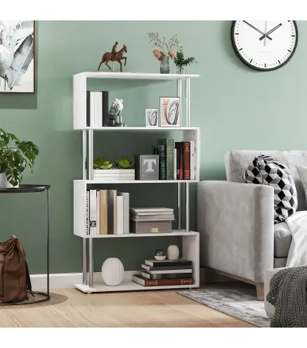 Librería en Forma S Estantería para Libros de 4 Niveles Mueble Estantería para Salón Oficina Estudio 80x30x145 cm Blanco
