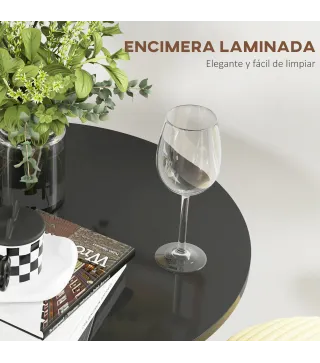 Mesa Alta de Bar Redonda Mesa de Cocina Moderna con Encimera Laminada y Marco de Acero para 2 Personas Ø60x102 cm Negro