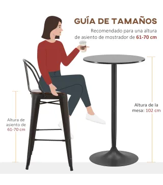 Mesa Alta de Bar Redonda Mesa de Cocina Moderna con Encimera Laminada y Marco de Acero para 2 Personas Ø60x102 cm Negro