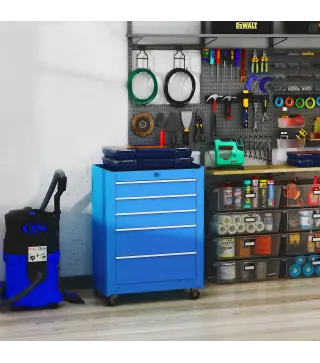 Carro de Herramientas para Taller con Ruedas 5 Cajones Armario con Cierre y Asa Lateral 61,5x33x82,5 cm Azul