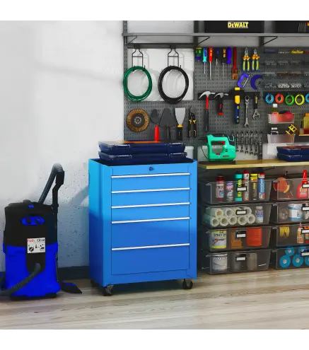 Carro de Herramientas para Taller con Ruedas 5 Cajones Armario con Cierre y Asa Lateral 61,5x33x82,5 cm Azul