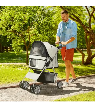 Carrito para Perros Pequeños con Toldo Ajustable Cesta de Almacenaje Portavasos y 2 Ruedas Universales 75x45x97 cm Gris