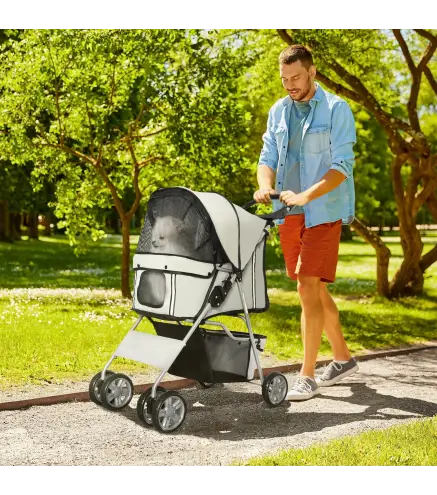 Carrito para Perros Pequeños con Toldo Ajustable Cesta de Almacenaje Portavasos y 2 Ruedas Universales 75x45x97 cm Gris