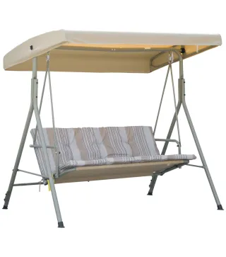 Balancín de Jardín Exterior Columpio de 3 Plazas con Toldo Ajustable y Marco de Acero 172x110x156 cm Marrón Claro