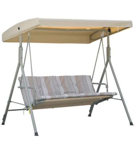 Balancín de Jardín Exterior Columpio de 3 Plazas con Toldo Ajustable y Marco de Acero 172x110x156 cm Marrón Claro