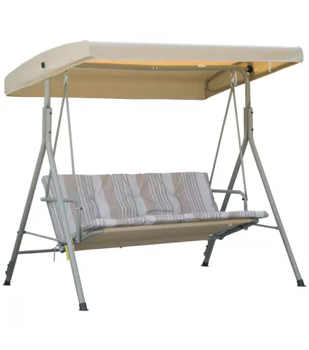 Balancín de Jardín Exterior Columpio de 3 Plazas con Toldo Ajustable y Marco de Acero 172x110x156 cm Marrón Claro