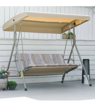 Balancín de Jardín Exterior Columpio de 3 Plazas con Toldo Ajustable y Marco de Acero 172x110x156 cm Marrón Claro