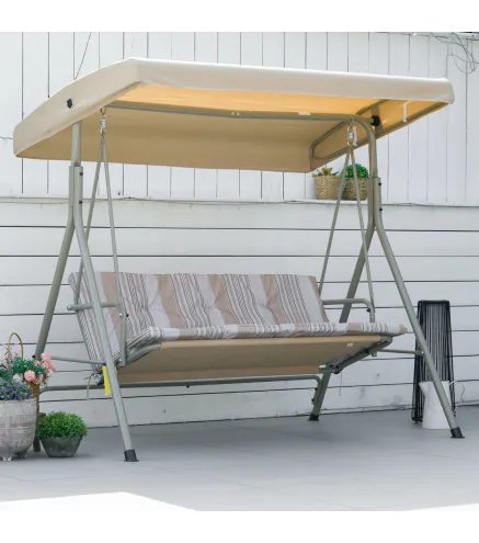 Balancín de Jardín Exterior Columpio de 3 Plazas con Toldo Ajustable y Marco de Acero 172x110x156 cm Marrón Claro