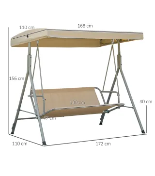 Balancín de Jardín Exterior Columpio de 3 Plazas con Toldo Ajustable y Marco de Acero 172x110x156 cm Marrón Claro