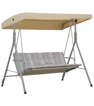 Balancín de Jardín Exterior Columpio de 3 Plazas con Toldo Ajustable y Marco de Acero 172x110x156 cm Marrón Claro