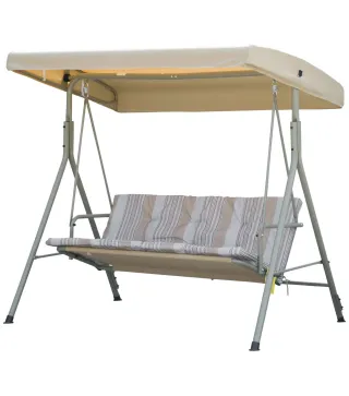 Balancín de Jardín Exterior Columpio de 3 Plazas con Toldo Ajustable y Marco de Acero 172x110x156 cm Marrón Claro