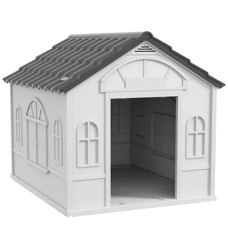 Casa para Perros 84,2x98,2x82 cm con Patrón de Ventana y Techo de Tejas de Imitación para Perros Grandes Gris y Blanco
