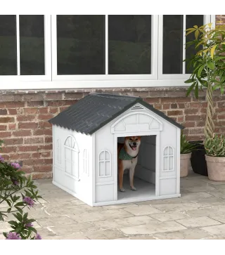 Casa para Perros 84,2x98,2x82 cm con Patrón de Ventana y Techo de Tejas de Imitación para Perros Grandes Gris y Blanco