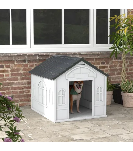 Casa para Perros 84,2x98,2x82 cm con Patrón de Ventana y Techo de Tejas de Imitación para Perros Grandes Gris y Blanco