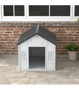 Casa para Perros 84,2x98,2x82 cm con Patrón de Ventana y Techo de Tejas de Imitación para Perros Grandes Gris y Blanco