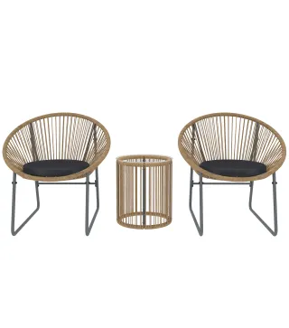 Juego de 2 Sillas y Mesa de Ratán con Cojines Acolchados y Encimera de Vidrio para Balcón Terraza Natural