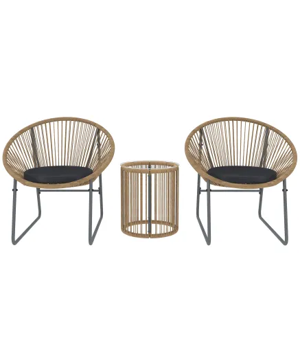 Juego de 2 Sillas y Mesa de Ratán con Cojines Acolchados y Encimera de Vidrio para Balcón Terraza Natural