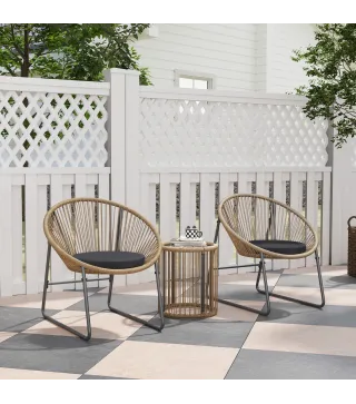 Juego de 2 Sillas y Mesa de Ratán con Cojines Acolchados y Encimera de Vidrio para Balcón Terraza Natural