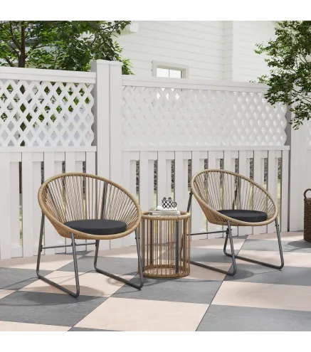 Juego de 2 Sillas y Mesa de Ratán con Cojines Acolchados y Encimera de Vidrio para Balcón Terraza Natural