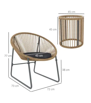 Juego de 2 Sillas y Mesa de Ratán con Cojines Acolchados y Encimera de Vidrio para Balcón Terraza Natural