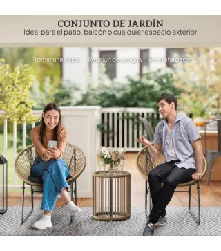 Juego de 2 Sillas y Mesa de Ratán con Cojines Acolchados y Encimera de Vidrio para Balcón Terraza Natural