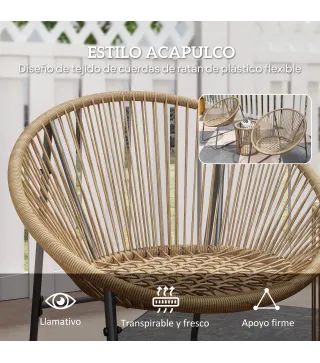 Juego de 2 Sillas y Mesa de Ratán con Cojines Acolchados y Encimera de Vidrio para Balcón Terraza Natural