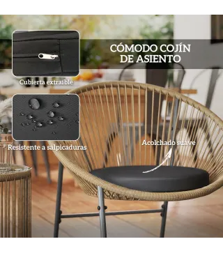 Juego de 2 Sillas y Mesa de Ratán con Cojines Acolchados y Encimera de Vidrio para Balcón Terraza Natural