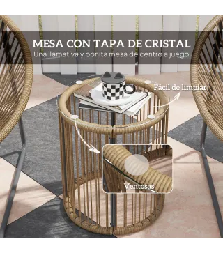 Juego de 2 Sillas y Mesa de Ratán con Cojines Acolchados y Encimera de Vidrio para Balcón Terraza Natural