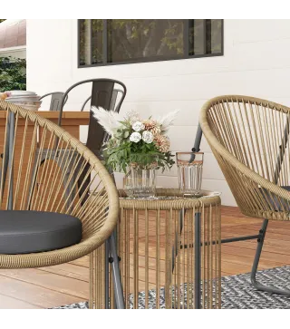 Juego de 2 Sillas y Mesa de Ratán con Cojines Acolchados y Encimera de Vidrio para Balcón Terraza Natural