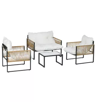 Conjunto de Jardín Exterior de Ratán Sintético con 2 Sillones 1 Sofá de 2 Plazas 1 Mesa de Centro y Cojines Crema