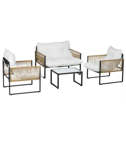 Conjunto de Jardín Exterior de Ratán Sintético con 2 Sillones 1 Sofá de 2 Plazas 1 Mesa de Centro y Cojines Crema