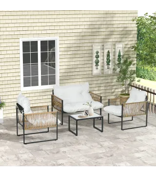 Conjunto de Jardín Exterior de Ratán Sintético con 2 Sillones 1 Sofá de 2 Plazas 1 Mesa de Centro y Cojines Crema