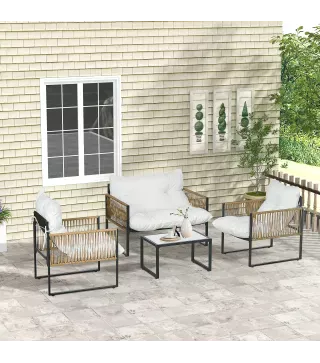 Conjunto de Jardín Exterior de Ratán Sintético con 2 Sillones 1 Sofá de 2 Plazas 1 Mesa de Centro y Cojines Crema