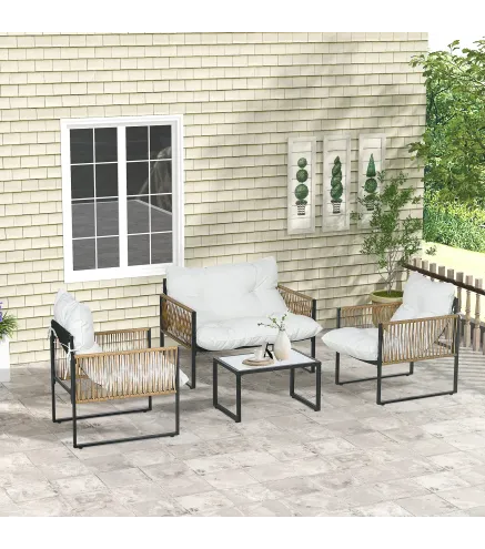 Conjunto de Jardín Exterior de Ratán Sintético con 2 Sillones 1 Sofá de 2 Plazas 1 Mesa de Centro y Cojines Crema