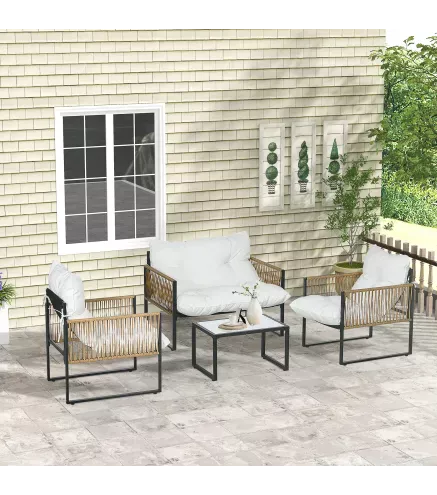 Conjunto de Jardín Exterior de Ratán Sintético con 2 Sillones 1 Sofá de 2 Plazas 1 Mesa de Centro y Cojines Crema