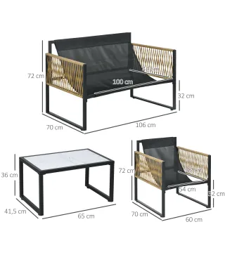 Conjunto de Jardín Exterior de Ratán Sintético con 2 Sillones 1 Sofá de 2 Plazas 1 Mesa de Centro y Cojines Crema