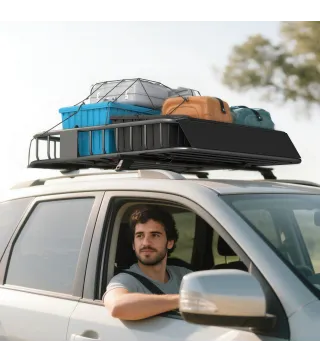 Cesta de Techo Universal para Vehículos de Acero Carga 90,7 kg con Deflector Barandillas 110,5x99,5x18,5 cm Negro