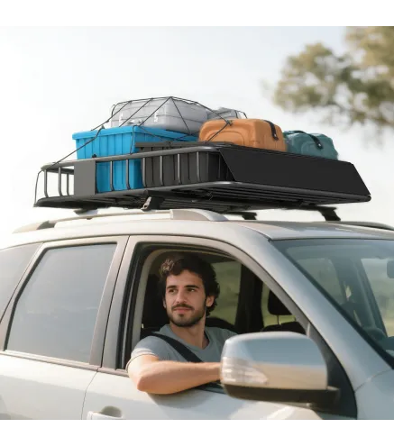 Cesta de Techo Universal para Vehículos de Acero Carga 90,7 kg con Deflector Barandillas 110,5x99,5x18,5 cm Negro