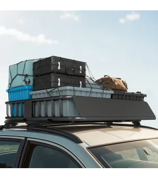 Cesta de Techo Universal para Vehículos de Acero Carga 90,7 kg con Deflector Barandillas 110,5x99,5x18,5 cm Negro