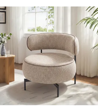 Butaca de Salón con Asiento Giratorio Tapizado en Lino Asiento Amplio Relleno Grueso Patas de Metal Beige