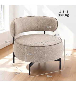 Butaca de Salón con Asiento Giratorio Tapizado en Lino Asiento Amplio Relleno Grueso Patas de Metal Beige