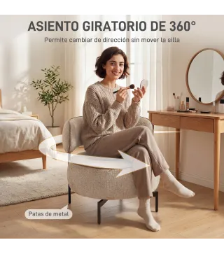 Butaca de Salón con Asiento Giratorio Tapizado en Lino Asiento Amplio Relleno Grueso Patas de Metal Beige