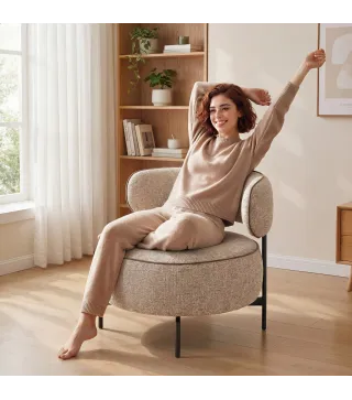 Butaca de Salón con Asiento Giratorio Tapizado en Lino Asiento Amplio Relleno Grueso Patas de Metal Beige