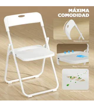 Juego de 6 Sillas Plegables de Plástico con Respaldo Curvo Diseño Ventilación Estructura de Acero 48,5x47x75 cm Blanco