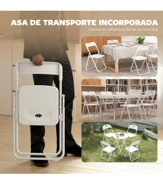 Juego de 6 Sillas Plegables de Plástico con Respaldo Curvo Diseño Ventilación Estructura de Acero 48,5x47x75 cm Blanco