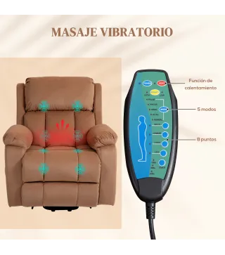 Sillón Relax Reclinable Eléctrico Levanta Personas con Masaje Vibratorio y Calor Control Remoto Reposapiés Marrón