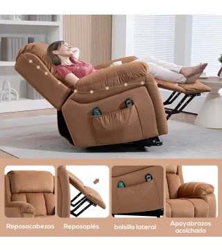 Sillón Relax Reclinable Eléctrico Levanta Personas con Masaje Vibratorio y Calor Control Remoto Reposapiés Marrón