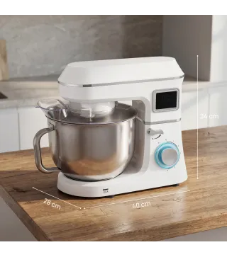 Batidora Amasadora 6L 1400W con Cabezal Inclinable 6 Velocidades Función de Fermentación Pantalla LED Blanco