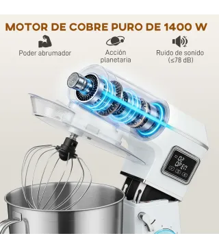 Batidora Amasadora 6L 1400W con Cabezal Inclinable 6 Velocidades Función de Fermentación Pantalla LED Blanco