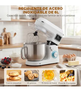 Batidora Amasadora 6L 1400W con Cabezal Inclinable 6 Velocidades Función de Fermentación Pantalla LED Blanco
